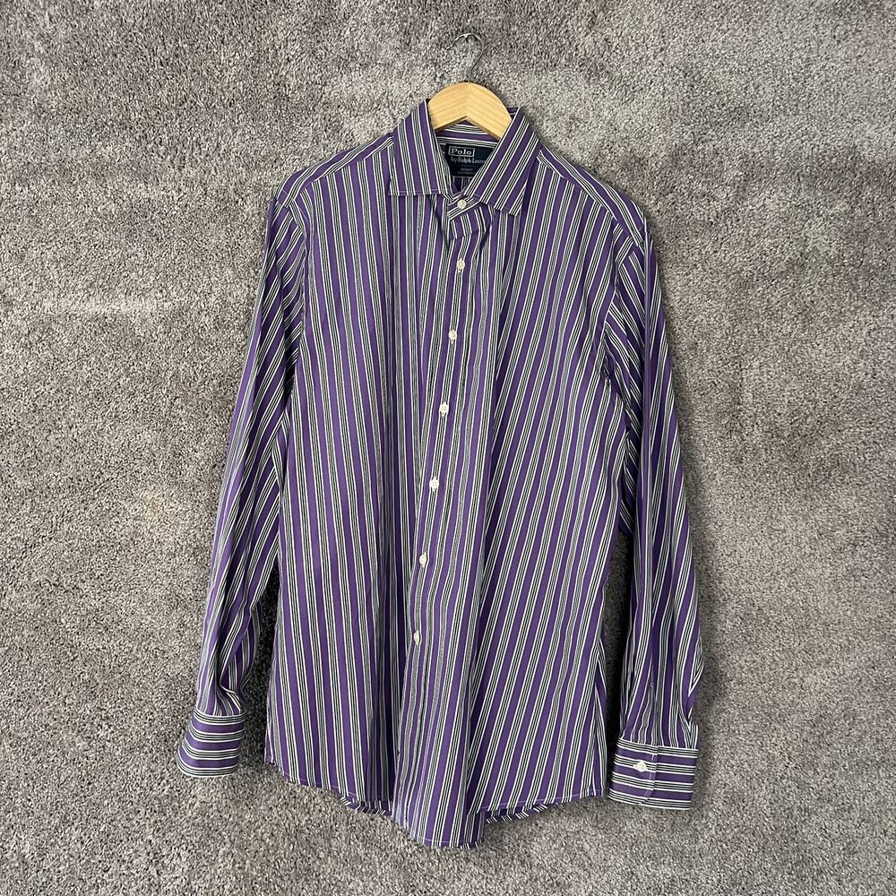 Polo Ralph Lauren Regent Shirt Men 17.5 Purple Stripe Long Sleeve Button Up